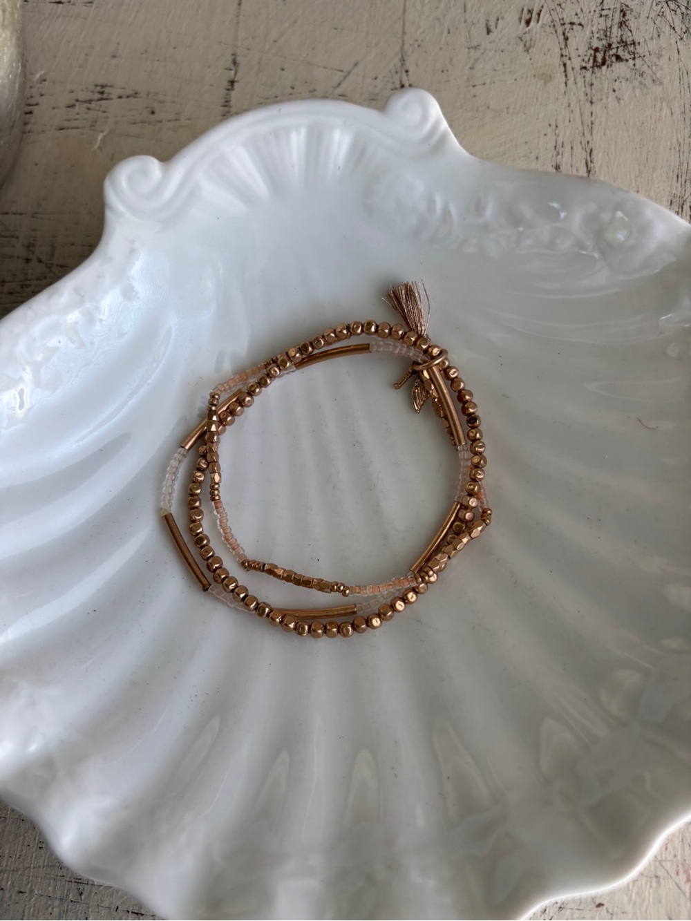 Rose Gold Multi-Strand Beaded Bracelet with Tassel Charm